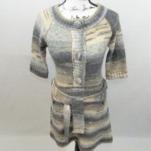 Anthro Manoush Sweater Mini Dress Gray, Yellow & White w/ Partial Button Up Sz M